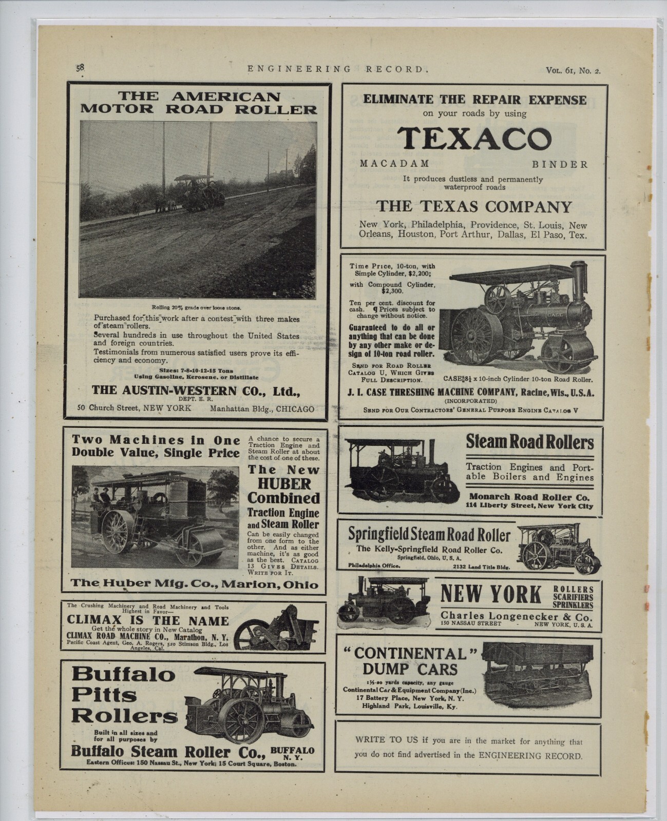 1910 Road Roller Ads on 1 Pg: Austin Western, Huber, Buffalo Pitts, Case, ++