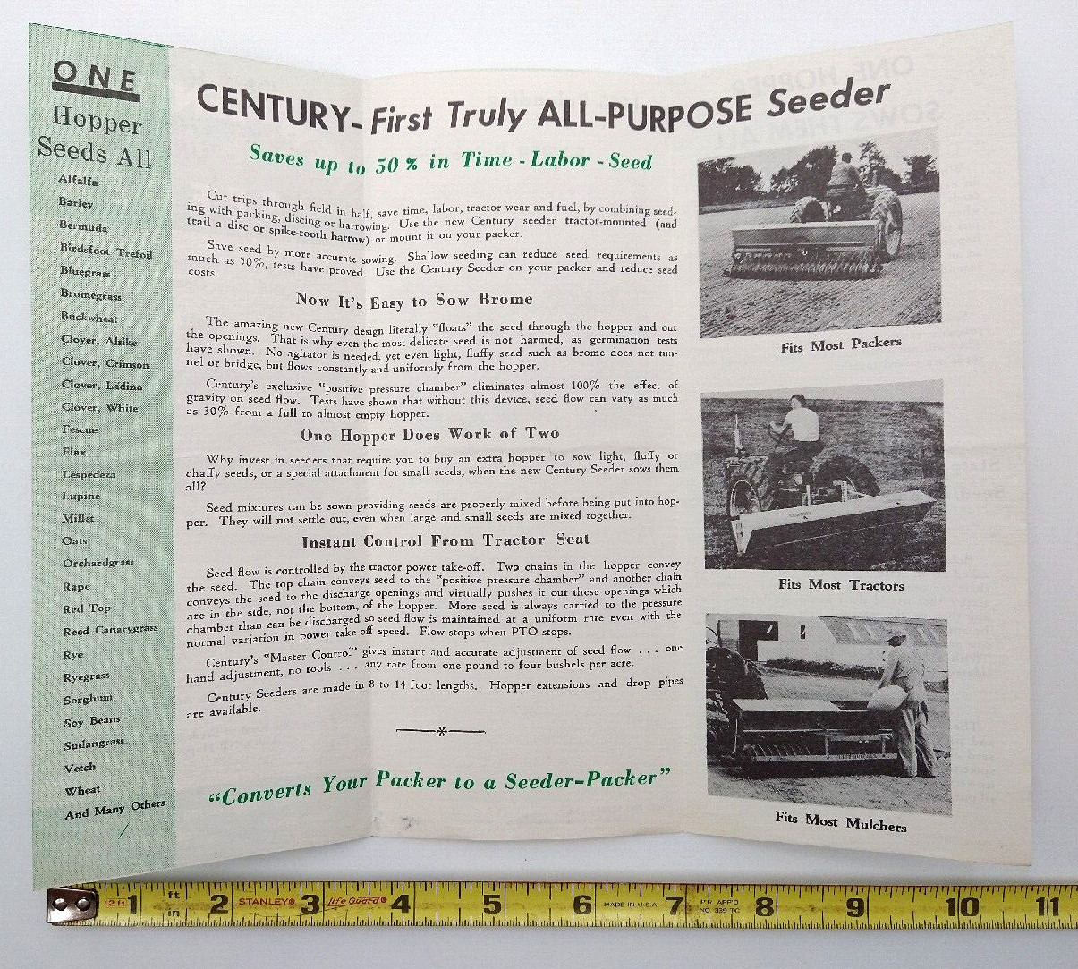 VTG 1960s CENTURY One Hopper All Purpose Seeder BROCHURE Cedar Rapids, IA
