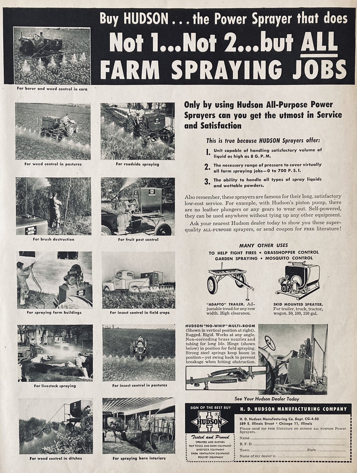 1950 AD(XH43)~H.D. HUDSON MFG. CO. CHICAGO. HUDSON AGRICULTURAL SPRAYERS