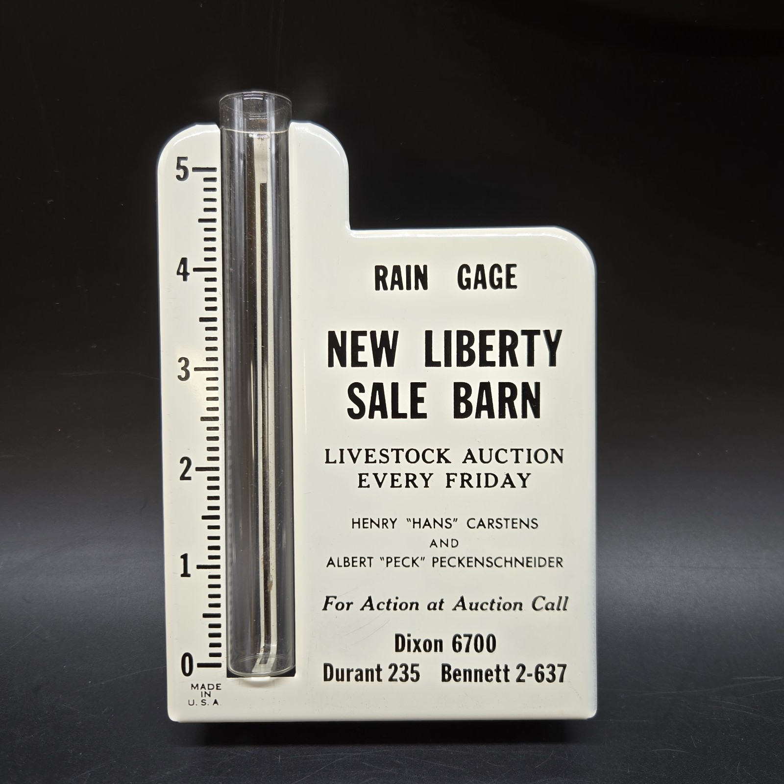 Advertising Rain Gauge New Liberty Sale Barn Durant Bennett Dixon Iowa NOS