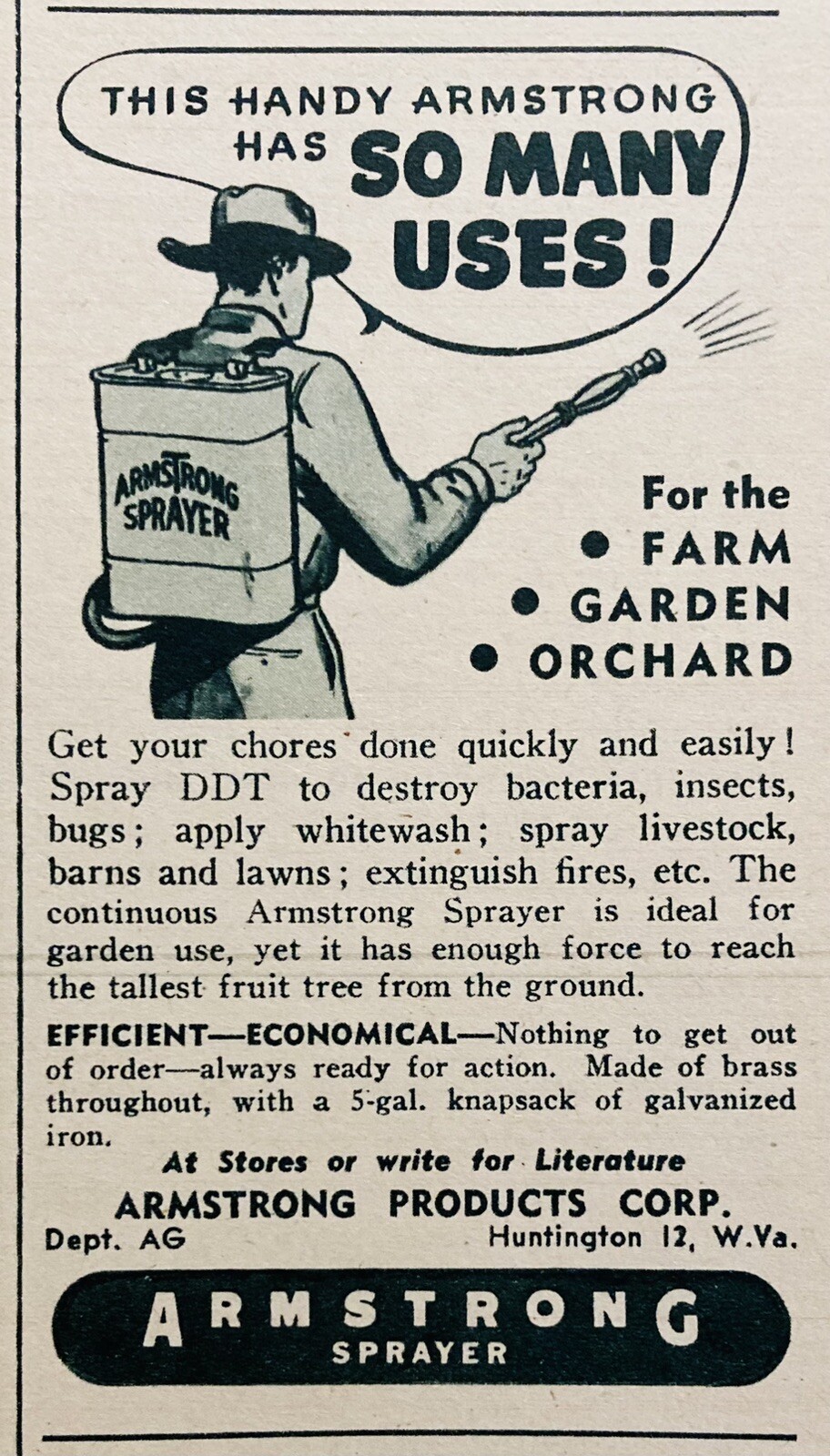 1947 AD.(XF15)~ARMSTRONG PRODUCTS CO. HUNTINGTON, W. VA. ORCHARD SPRAYER