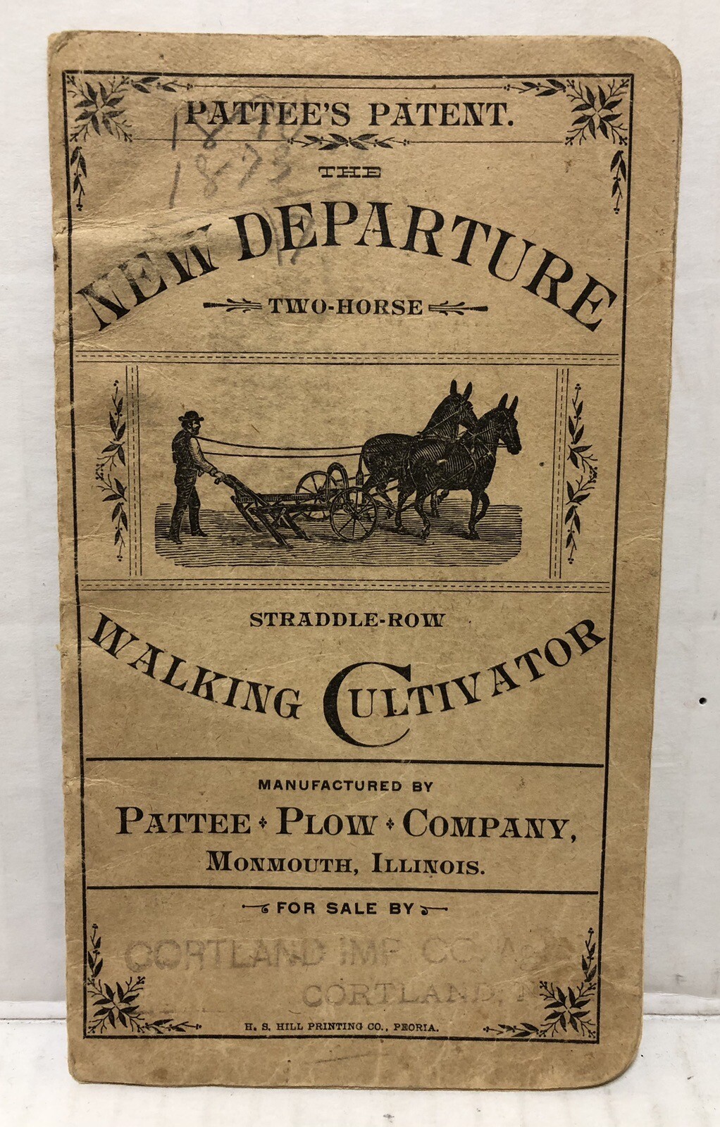 1889 New Departure Walking Cultivator PATTEE PLOW Monmouth – CORTLAND Nebraska