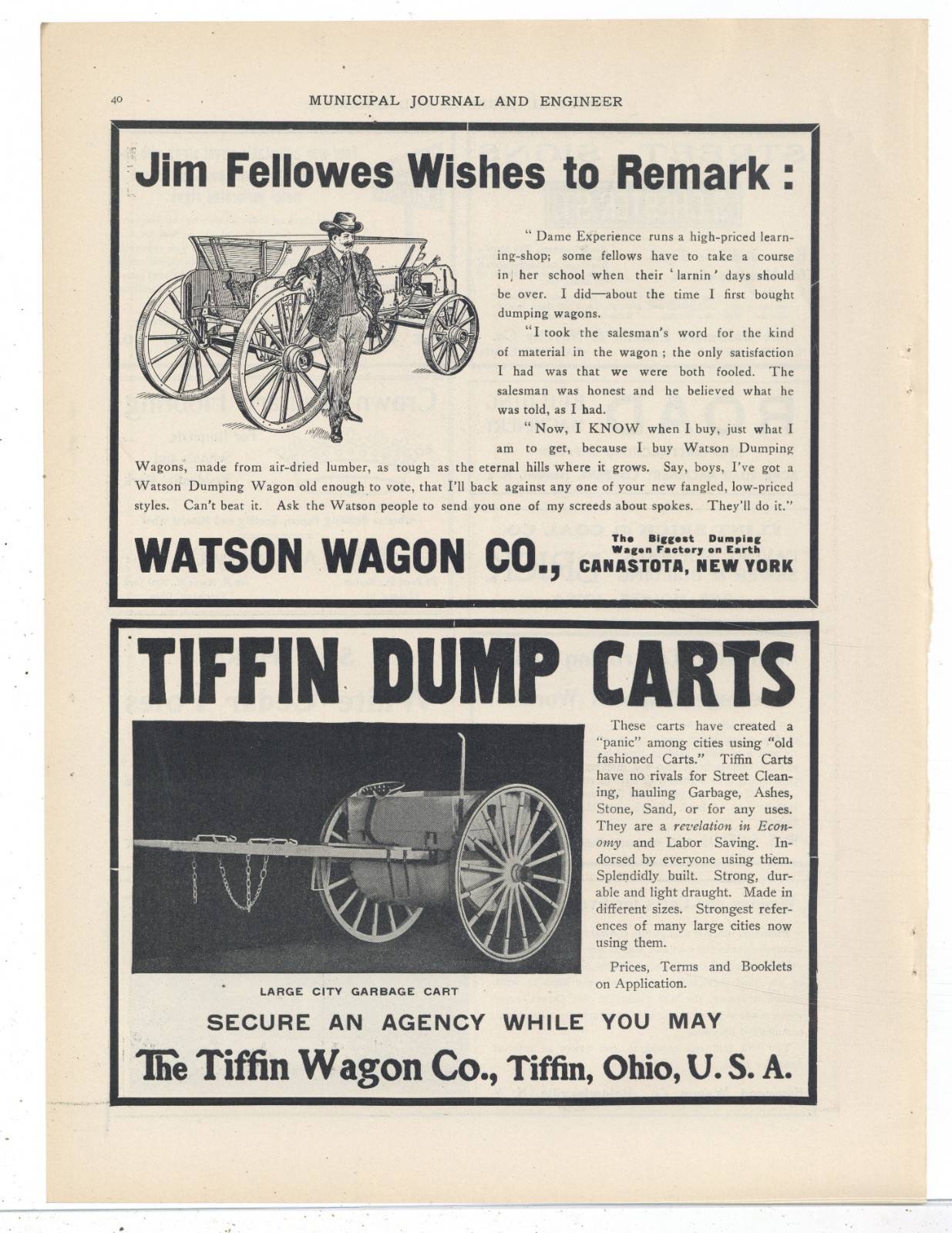 1906 Ads on 1 Pg: Tiffin Wagon Co. Dump Cars, OhiO & Watson Wagon Canastota NY