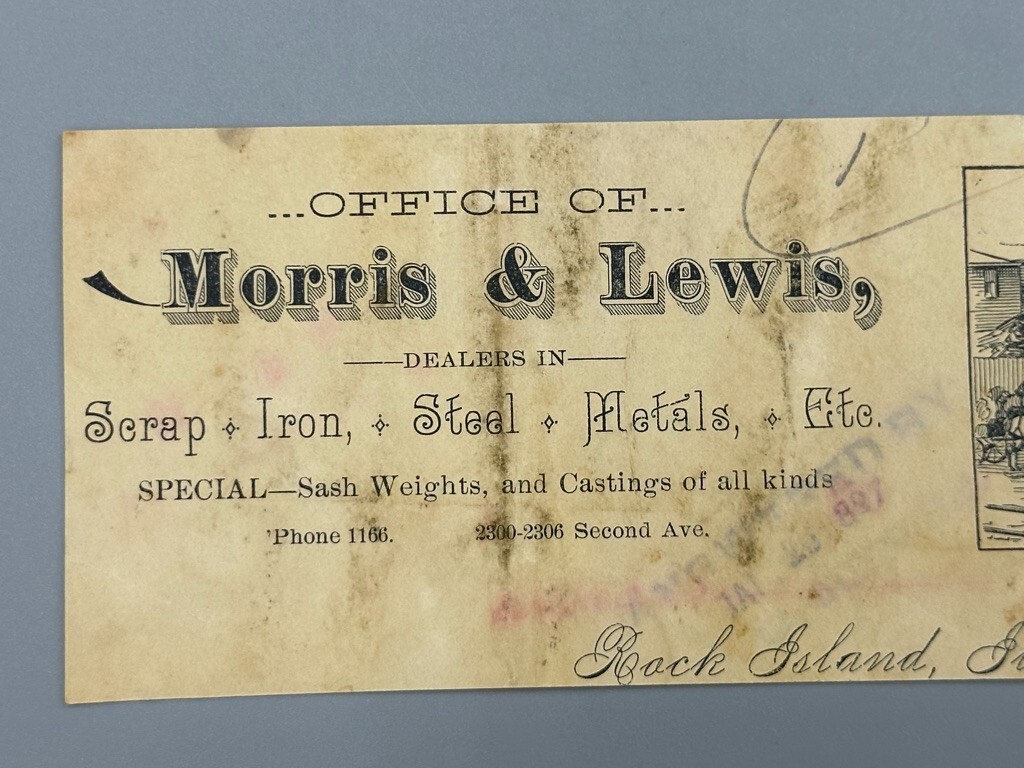 1897 Mooris & Lewis ROCK ISLAND Farm Advertising SCRAP IRON Letterhead PARTIAL