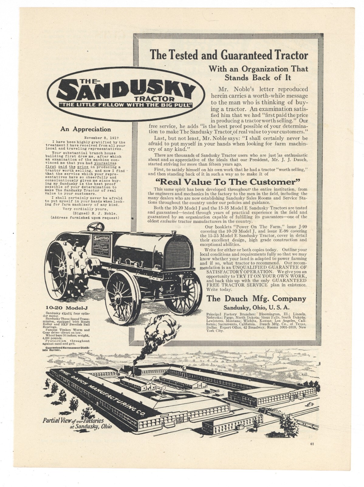 1918 Dauch Mfg. Co. Ad: Sandusky Tractor – OhiO Factory Bird&rsquo;s Eye View Picture