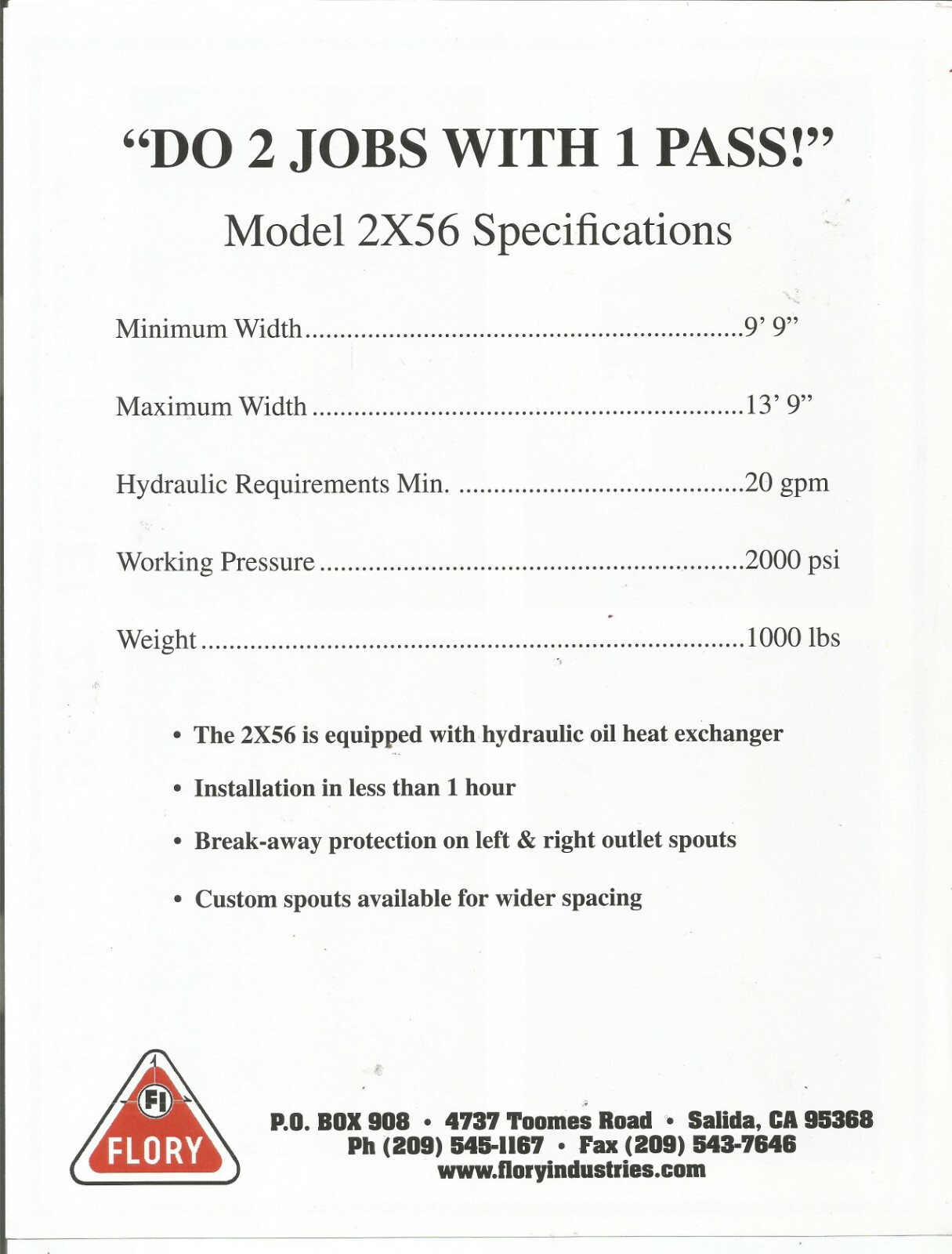 Original Flory Model 2X56 Blower Dealer Sales Brochure Specs Sheet Form 2X56109
