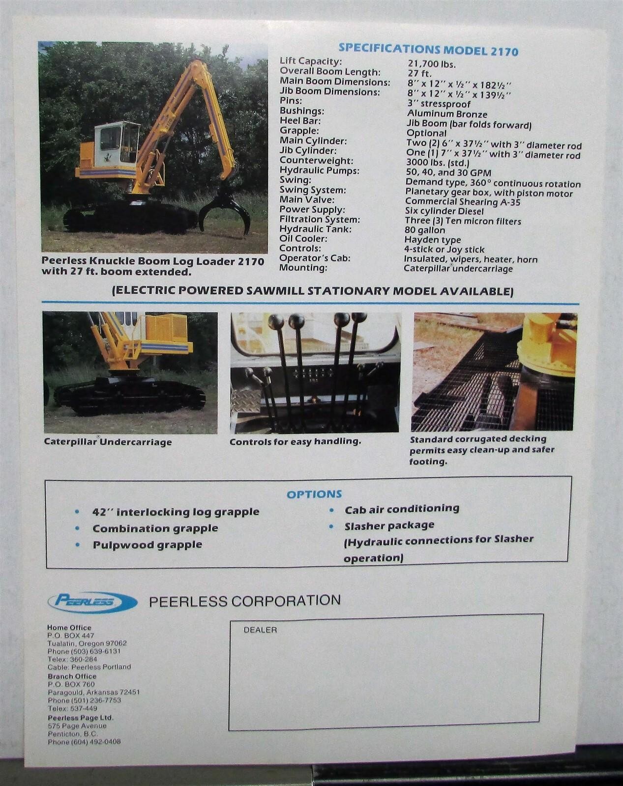 1975-1980 Peerless 2170 Track Mount Hydraulic Log Loader Construction SalesSheet