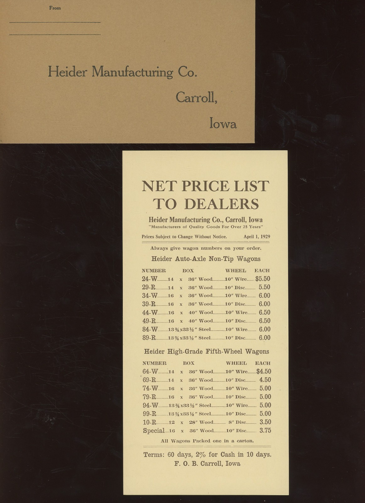 1930 Heider Manufacturing Wagon Maker Carrol, Iowa Brochure and Cover, Envelope