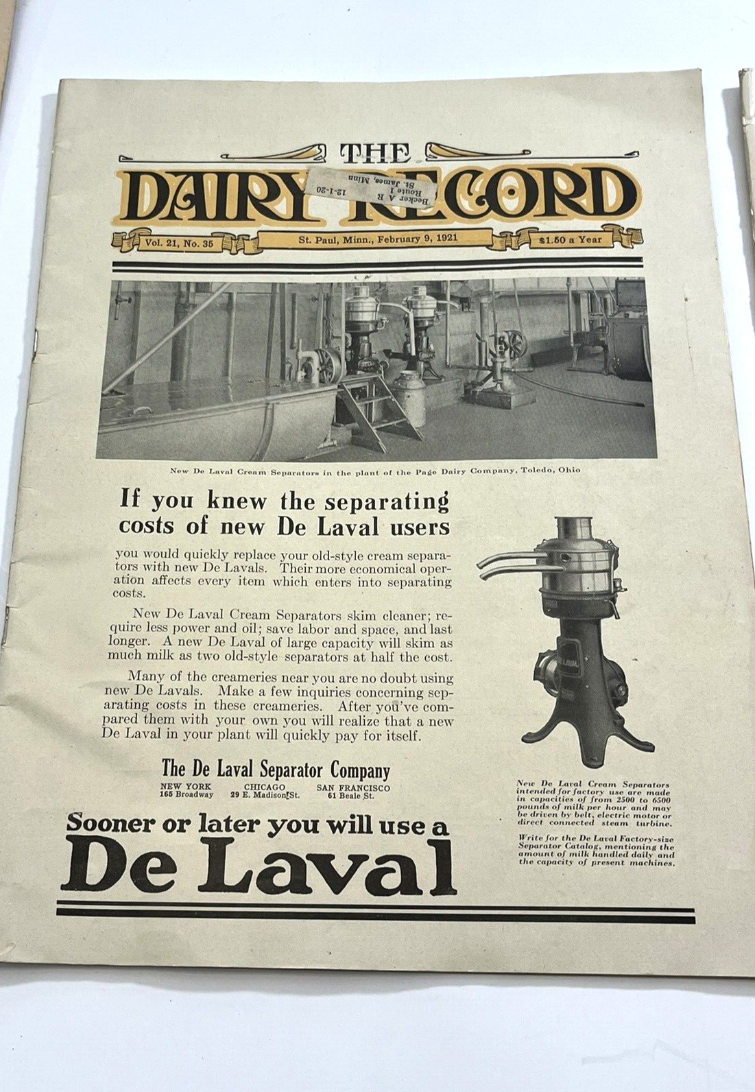 De Laval Dairy Record Farm Magazine Separator St. Paul MN Advertising 1921 LOT 2