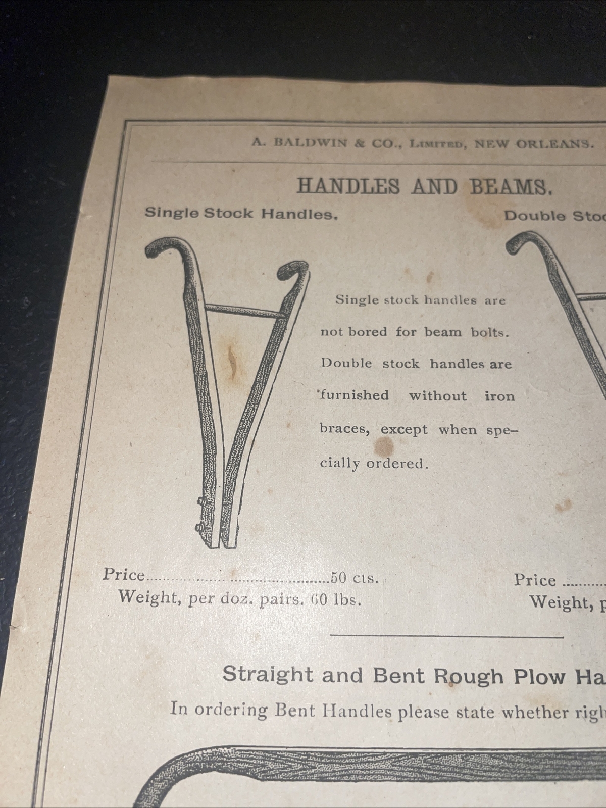1891 Baldwin – Plow Handles Farm Advertising – New Orleans – Louisiana
