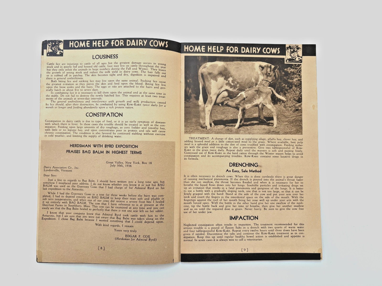 1939-40 Booklet « Home Help for Dairy Cows » w/ Formula « Kow-Kare » *