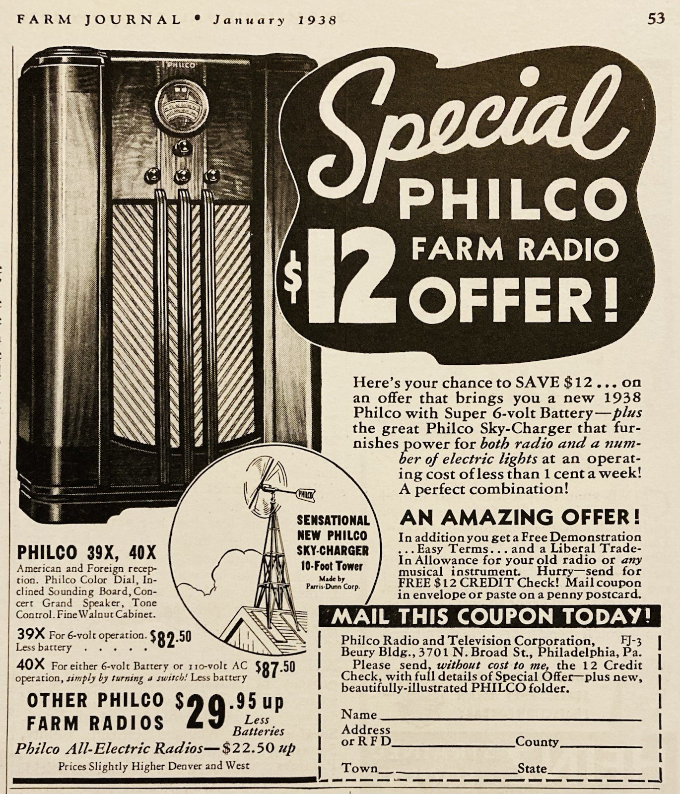 1938 AD.(XH84)~PHILCO RADIO & TV CO. PHIL., PA. FARM RADIO W/SKY-CHARGER