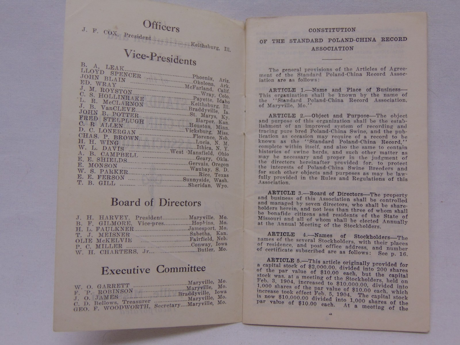 VINTAGE FARM BOOKLET CONSTITUTION & BY LAWS OF STANDARD POLAND-CHINA ASSOCIATION