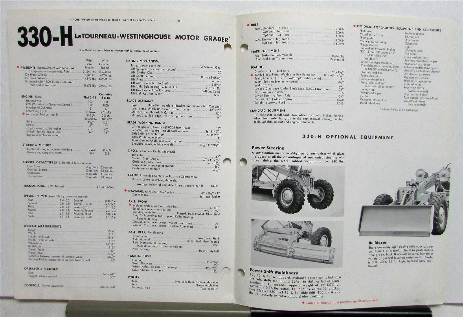 1961 LeTourneau Westinghouse Motor Grader 330-H Construction Sales Folder