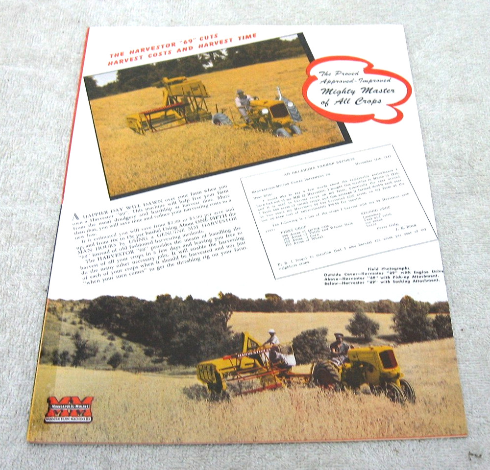 VINTAGE 1950 MINNEAPOLIS MOLINE TRACTOR HARVESTER #69 BROCHURE ORIGINAL