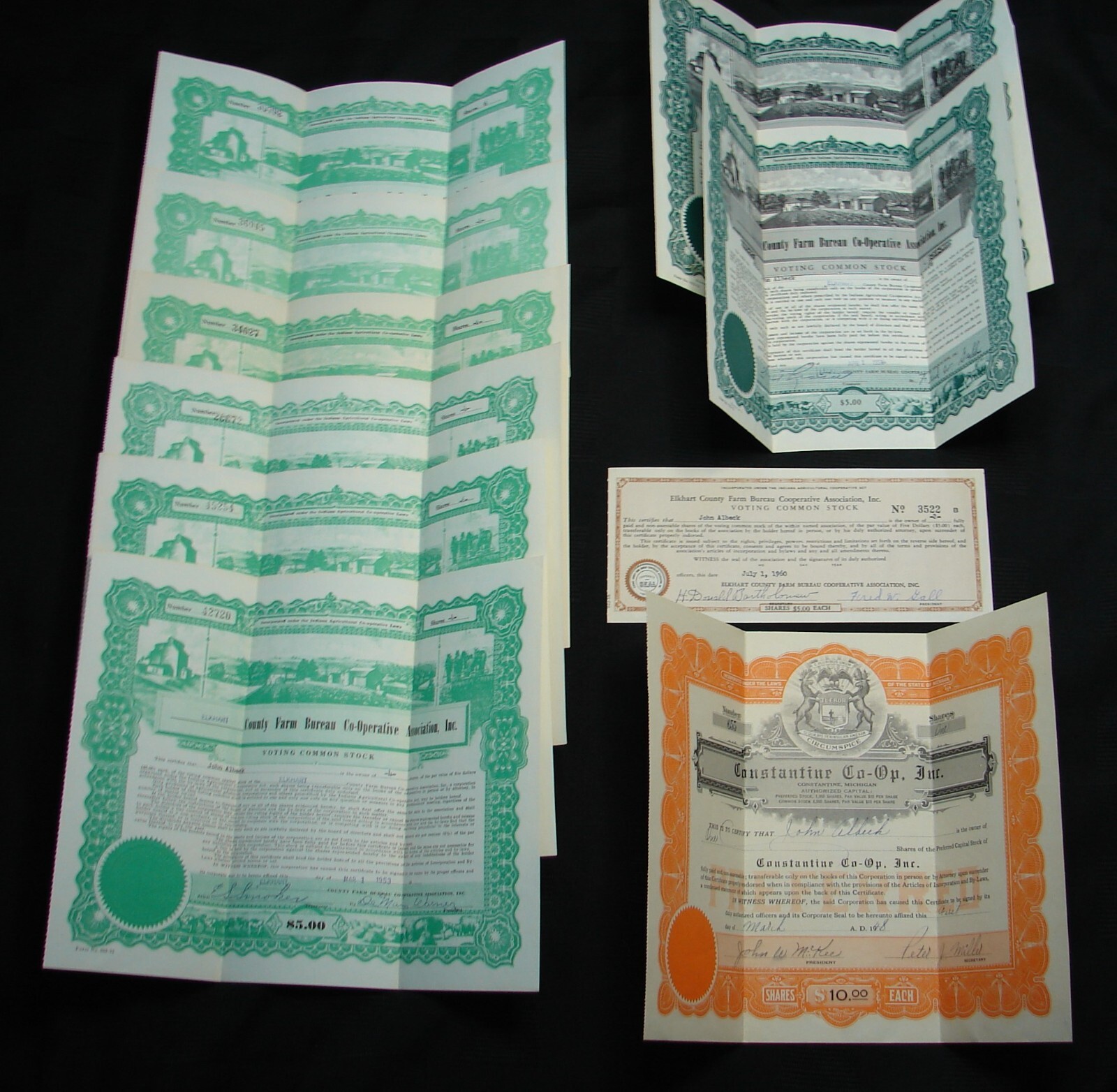 Vintage collection of 10 Farm Bureau Co-Op Stocks 1948-1960