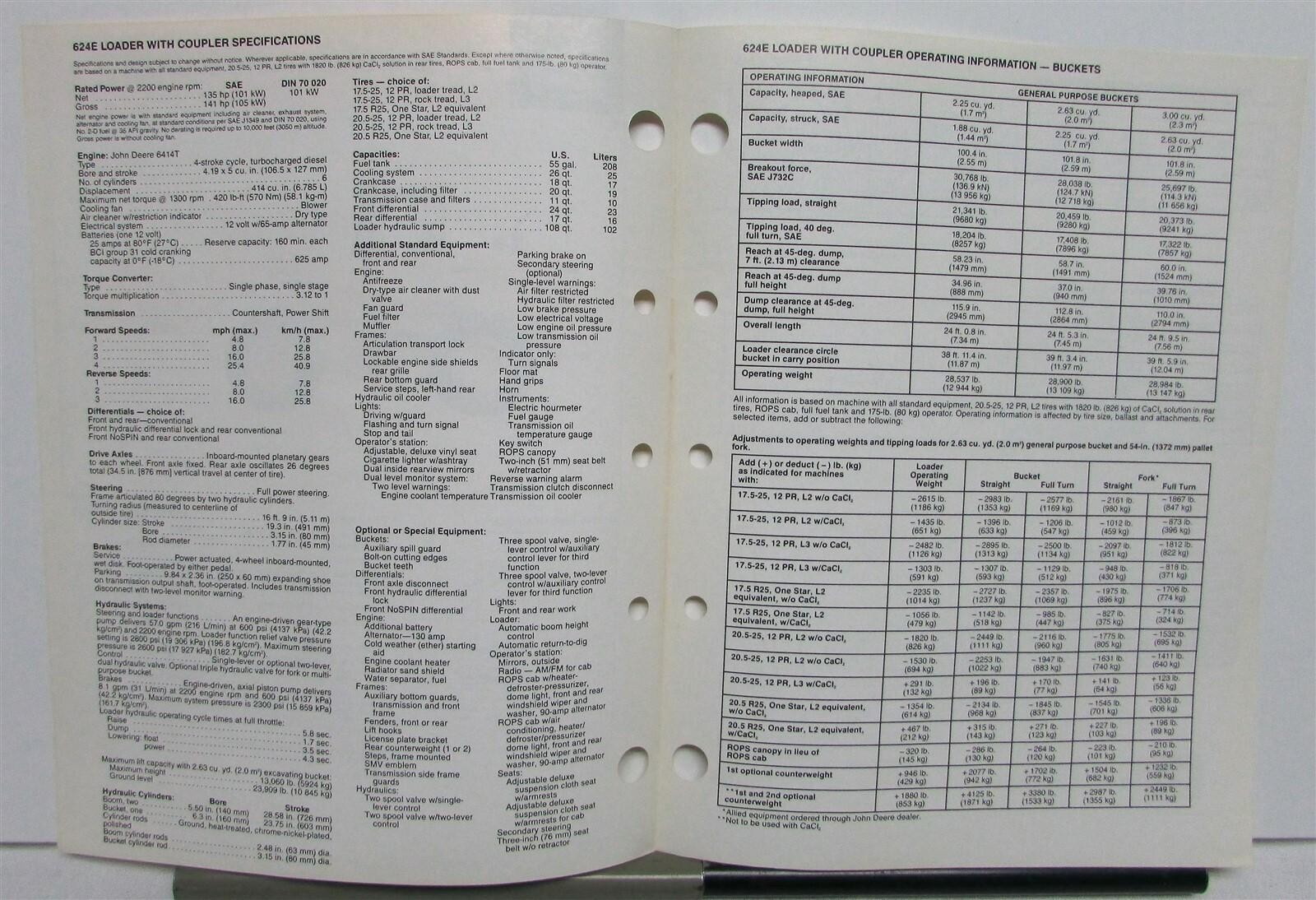 1989 John Deere 624E Loader Coupler Specification Construction Sale Brochure
