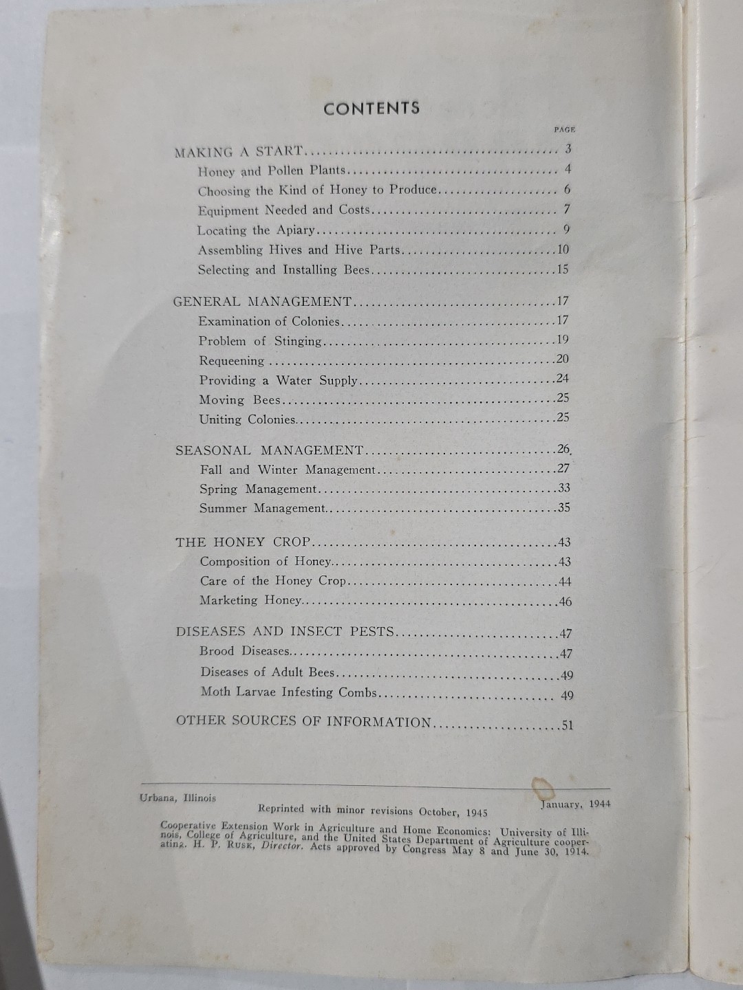 Vintage booklet: HONEY PRODUCTION by V.G. Milum Oct 1945 Reprint Univ. of IL