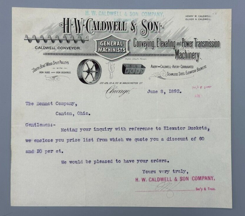 1892 H W Caldwell MACHINERY South Bend Pulley Antique Advertising Chicago Letter