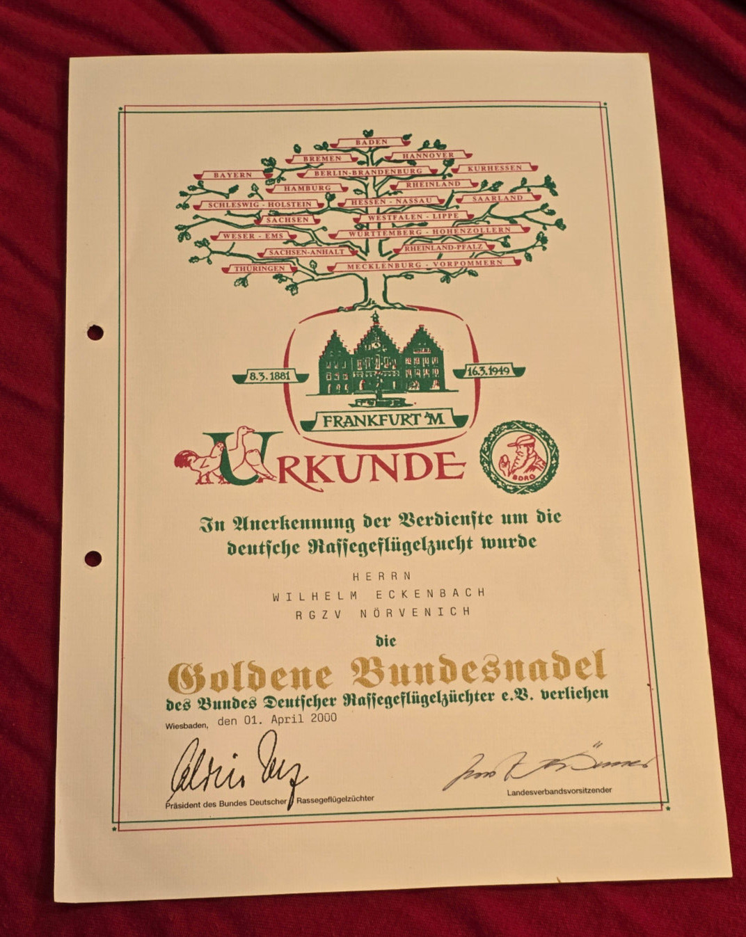 GERMAN URKUNDE FRANKFURT aM Poultry Chicken Farm Breeders award document
