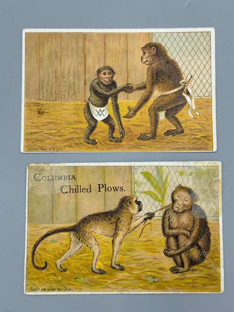 1880s COLUMBIA CHILLED PLOW Monkey FARM Advertise Trade Card COPAKE IRON WORK NY