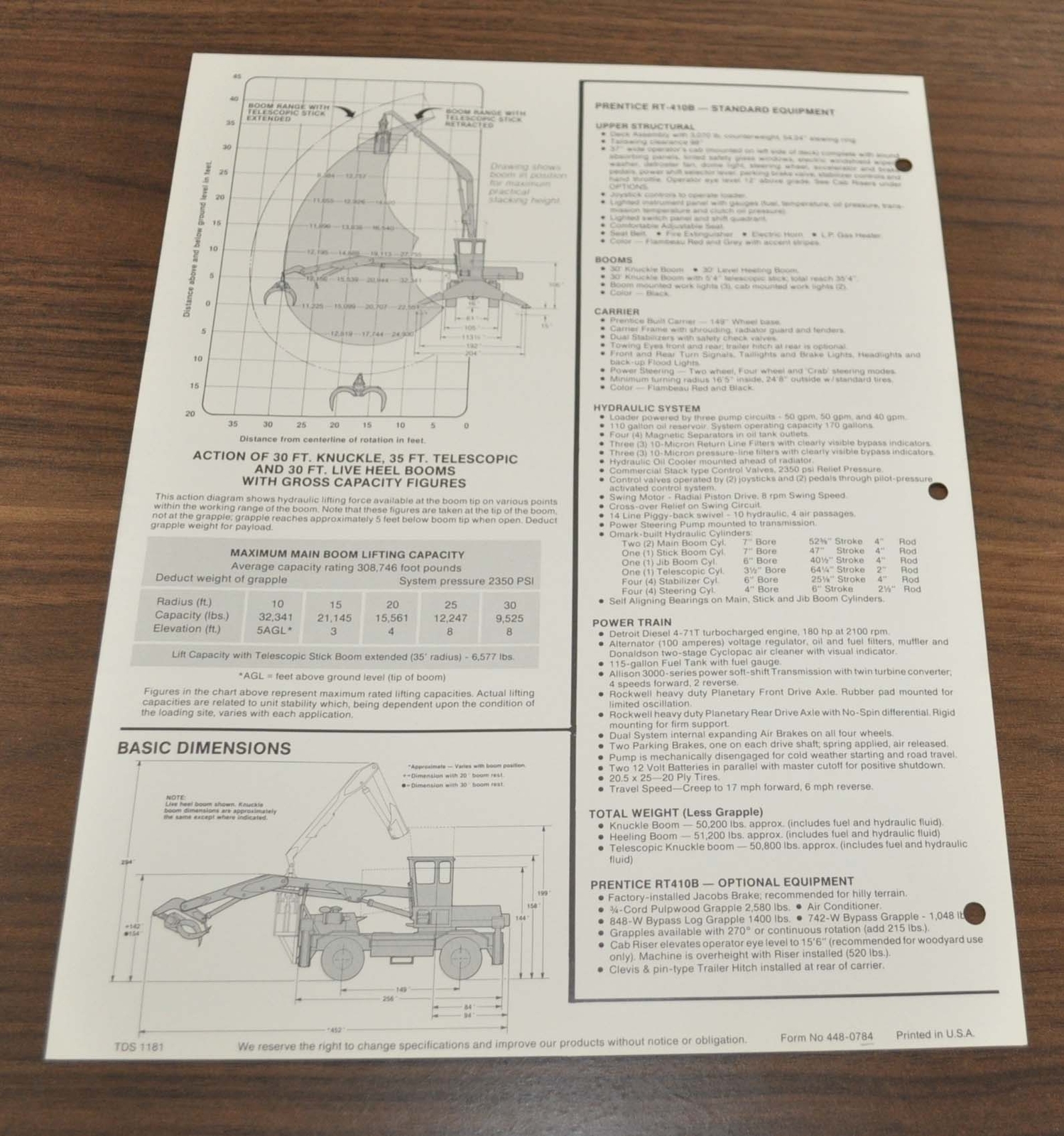 Prentice RT-410B Logging Truck Hydraulic Crane Specifications Brochure Prospekt