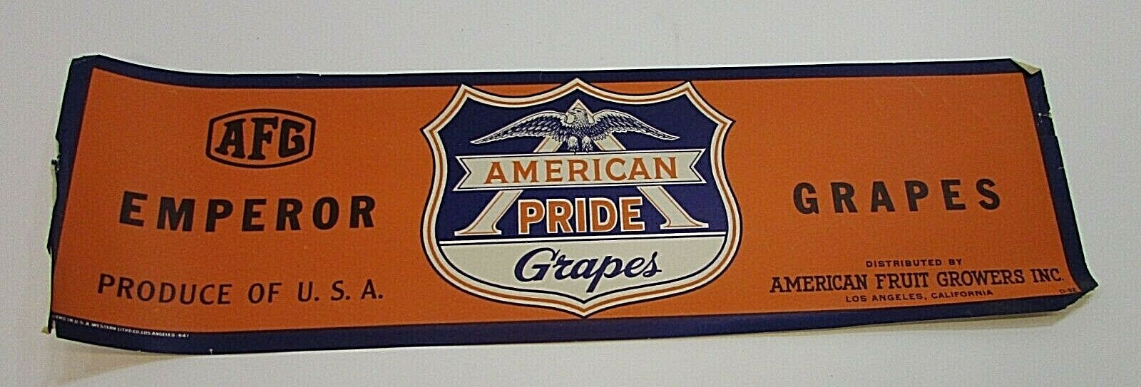 AFG American Fruit Growers Pride Grapes Los Angeles CA Vintage Box Label FREE SH