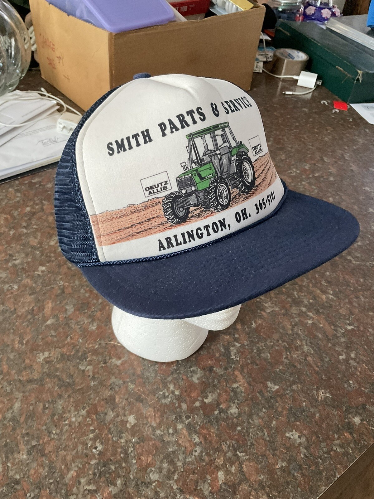 Vintage Smiths Sales Service Deutz Tractor Farmer Hat Cap Mesh Arlington Oh Blue