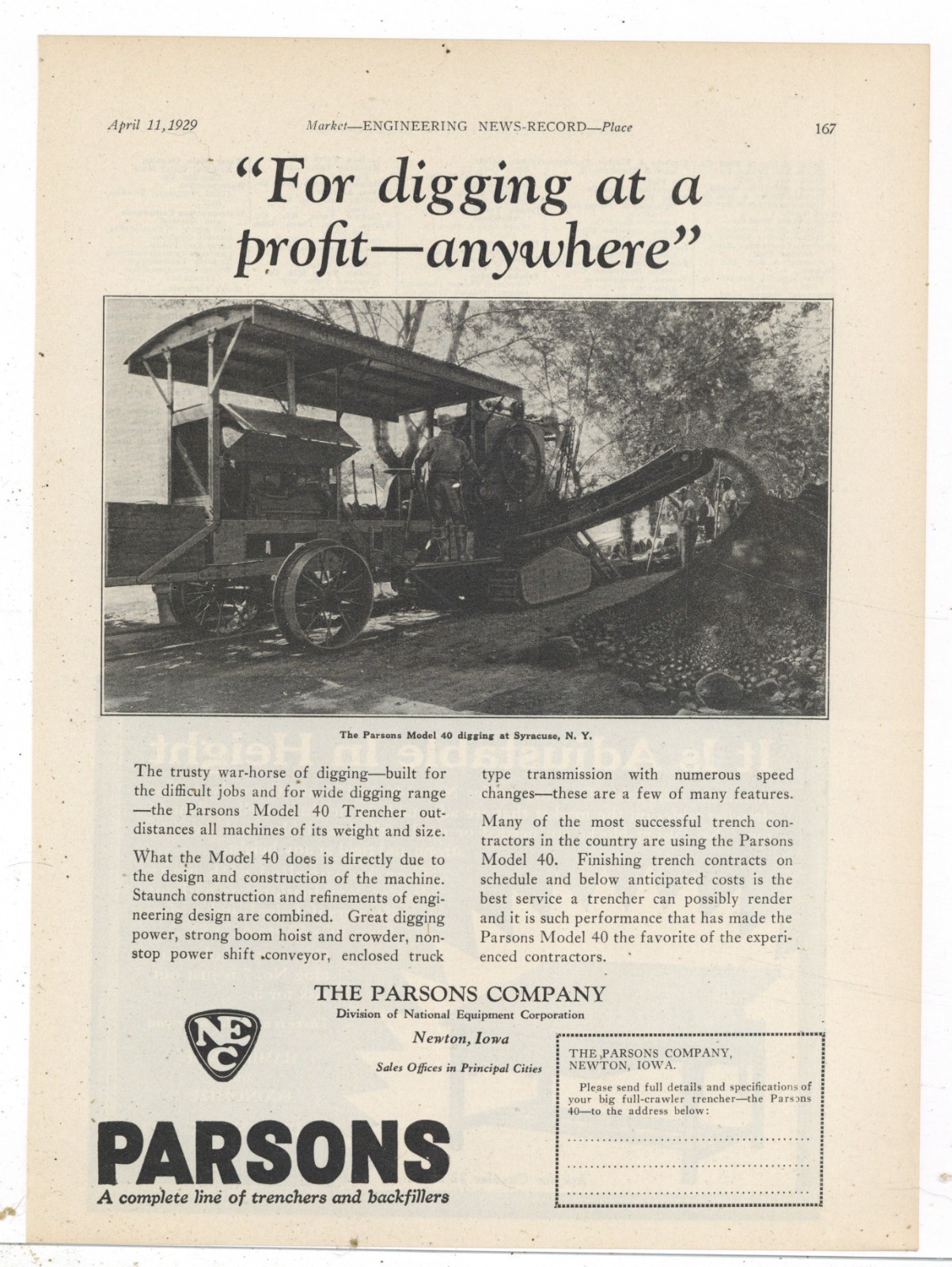 1929 Parsons Co. of Newton Iowa Ad: Model 40 Trencher in Syracuse, New York