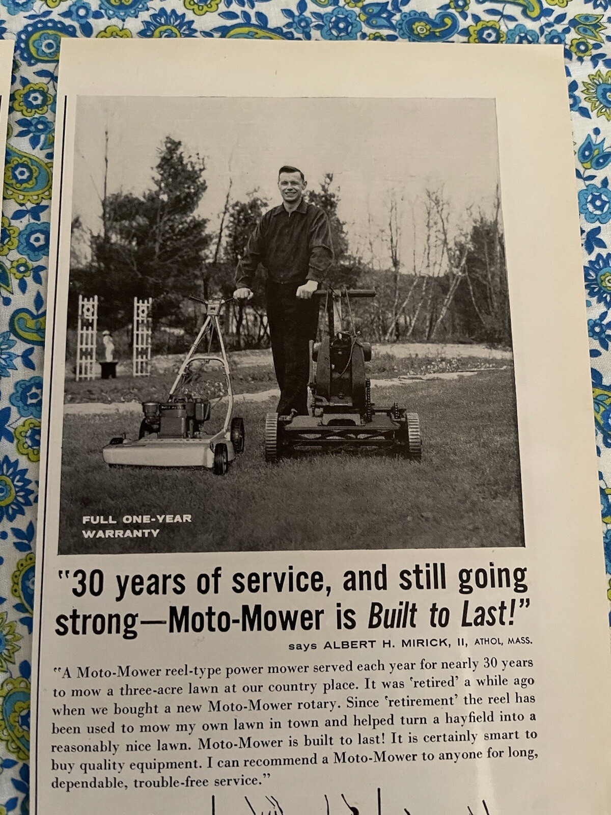 (3) Vintage 1959 Moto Mower Lawn Mower Print Ad Qty 3