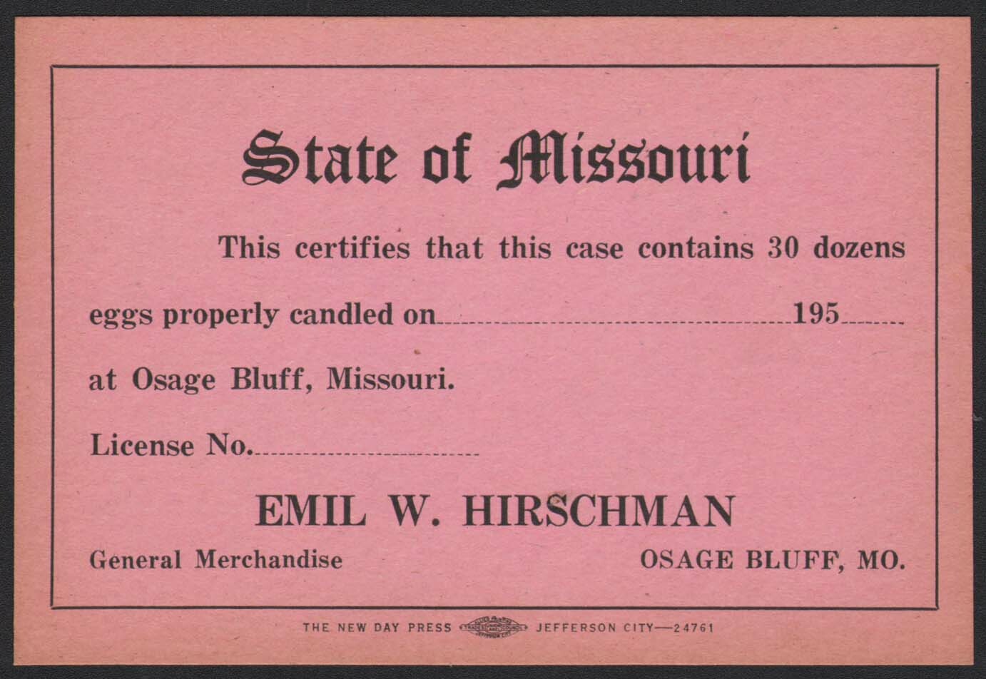 Vintage egg card EMIL W HIRSCHMAN 1950s Osage Bluff Missouri new old stock nrmt