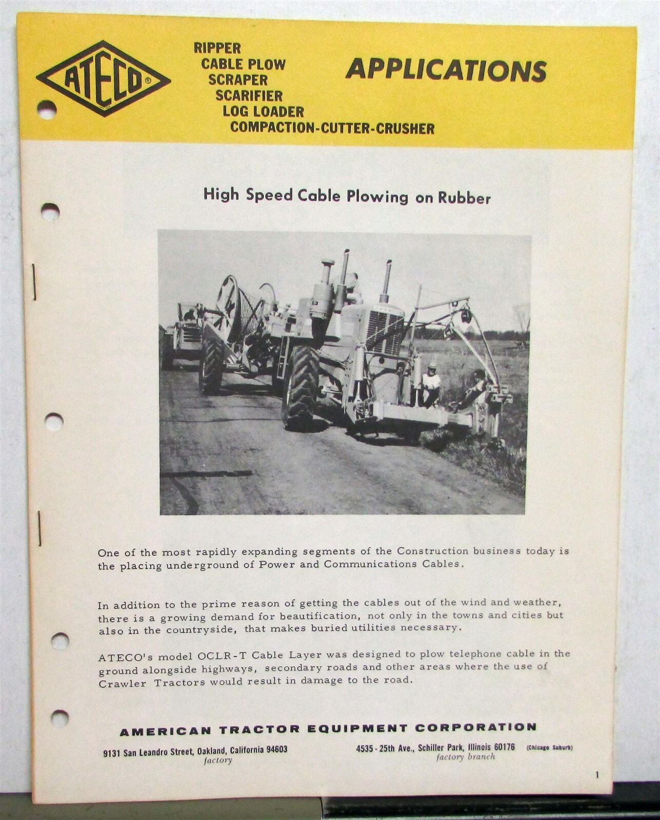 1965 ATECO Cable Plowing Applications Tractor Construction Specs Sales Brochure