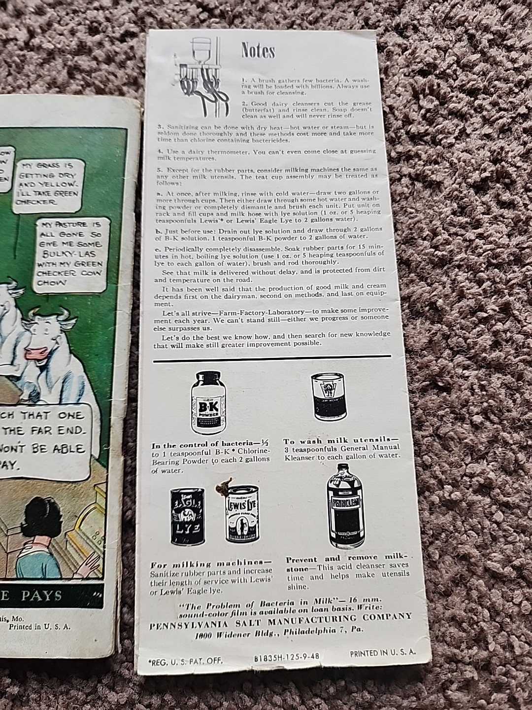 Vintage 1929 Dairy Prosperity Book By Purina And 1948 MILK Bacteria Flyer
