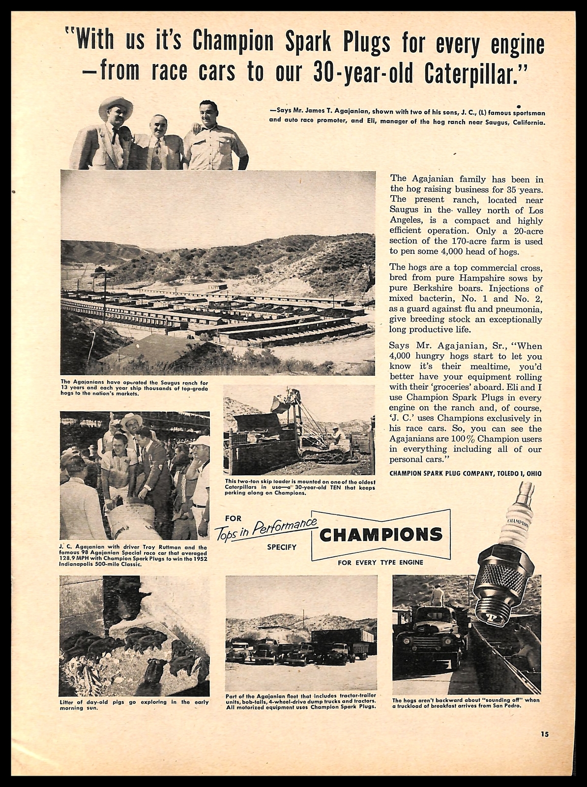 1953 Champion Spark Plugs Vintage PRINT AD Automobile Truck Hog Ranch Farm 1950s