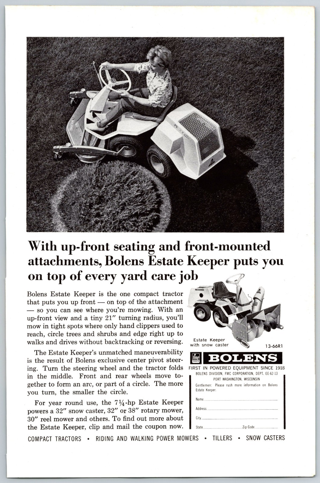 1966 Bolens Estate Keeper Riding Mower, Port Washington WI Print Ad 6.5&Prime; x 10&Prime;