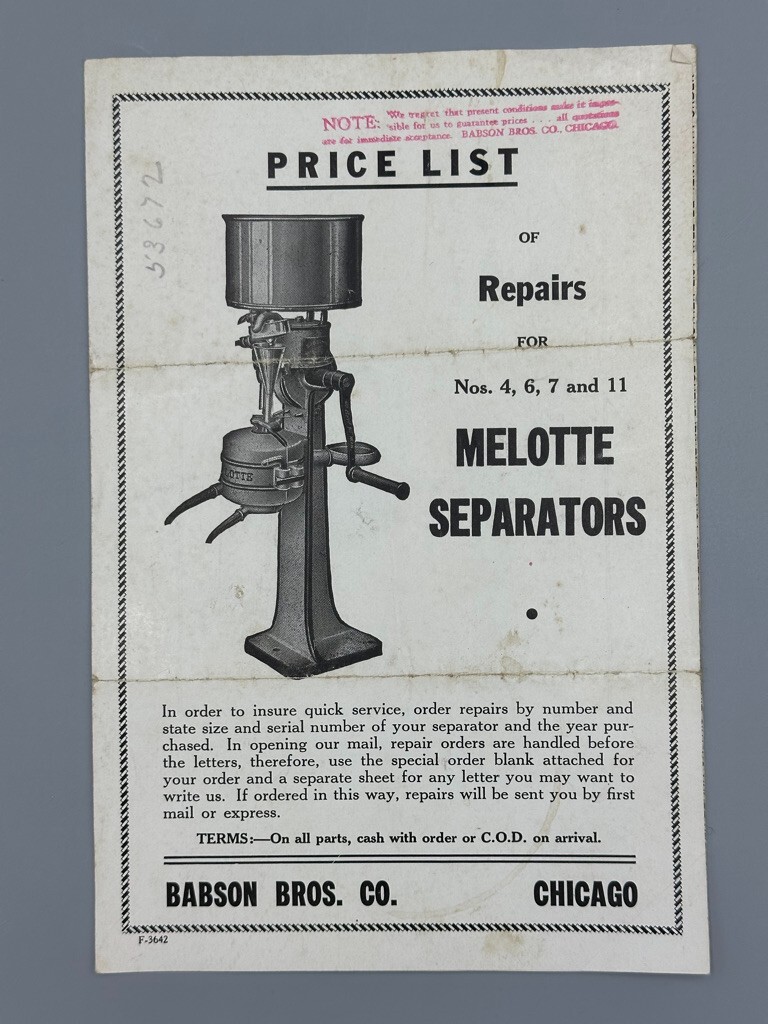 Antique MELOTTE CREAM SEPARATOR Dairy Farm Advertising Price List Babson Bros Co