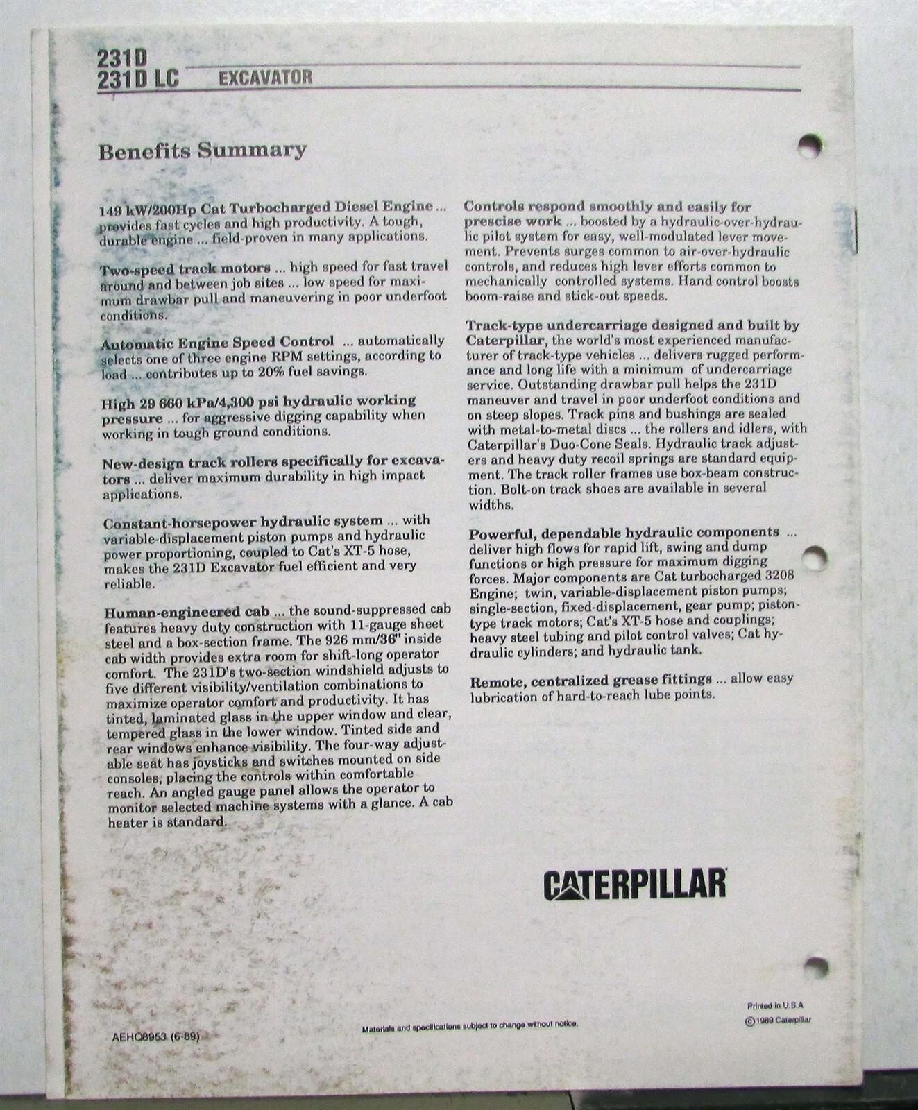 1989 CAT 231D 231DLC Excavator Construction Specifications Sales Brochure