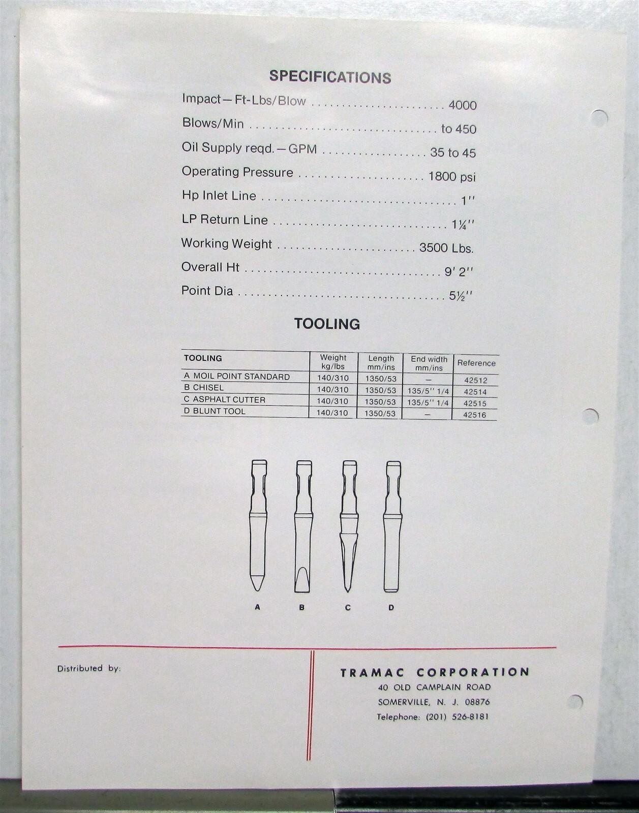 1970s Tramac Happy Hammers BRH-1000 Construction Sales Data Sheet