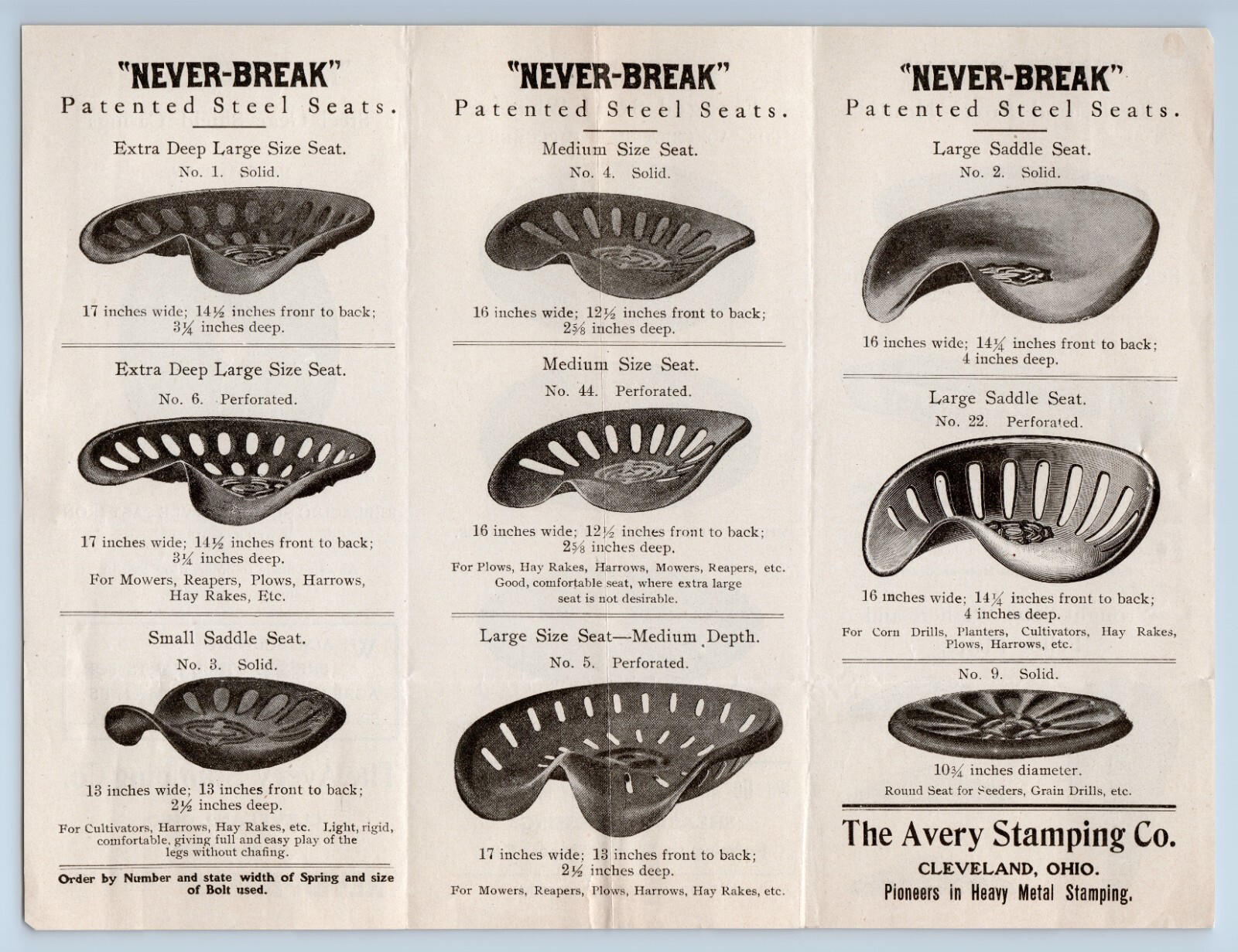c.1920 Avery Stamping Cleveland OH Brochure Never-Break Steel Farm Tractor Seats