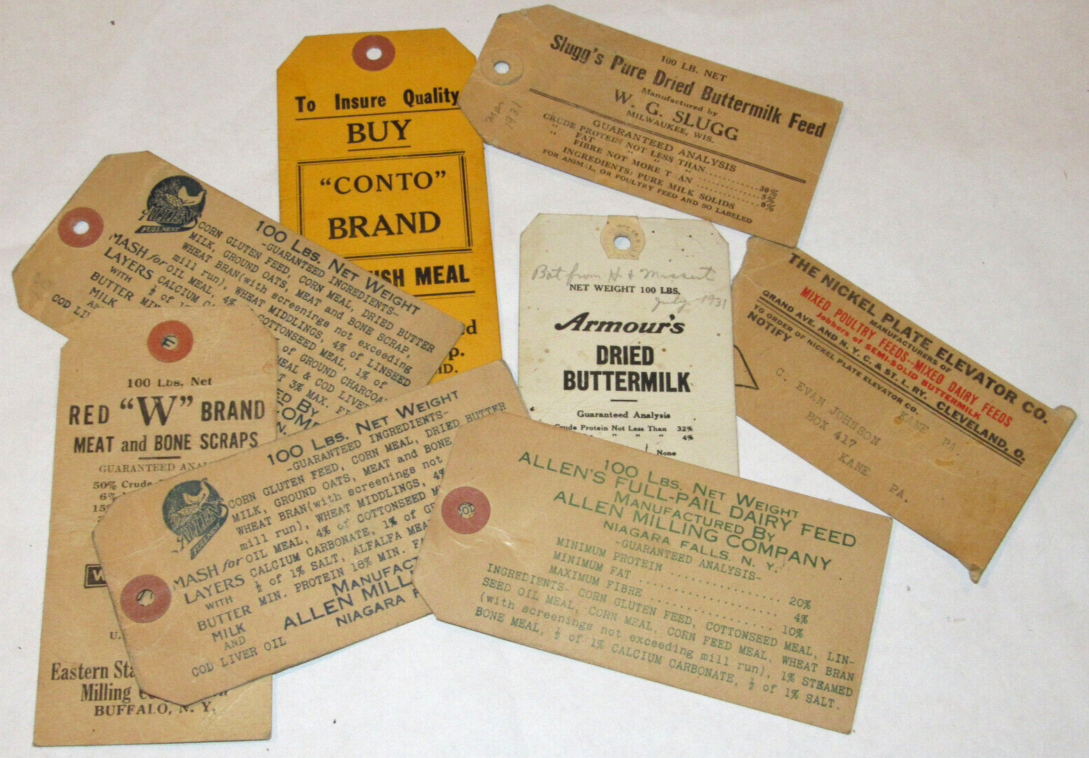 8 VTG 1930s ANIMAL FEED LABELS! FOR POULTRY & DAIRY! BONE MEAL/DRIED BUTTERMILK!