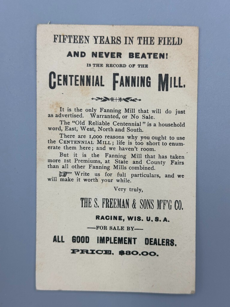 1880s CENTENNIAL FANNING MILL Farm Advertising RACINE Wisconsin TRADE CARD