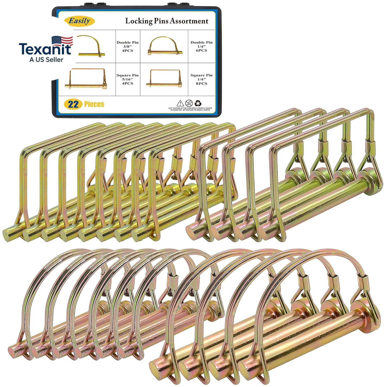 22 Pcs Shaft Locking Pin in 1/4&Prime;, 5/16&Prime; and 3/8&Prime; Diameter in 2 Shapes of Square