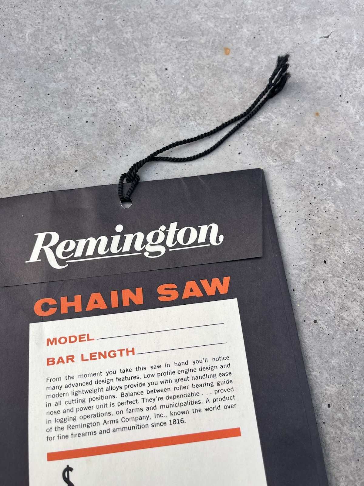 VTG Remington Unused Chain Saw Hang Price Model Tag DuPont 50’s 60’s USA 6”x9”