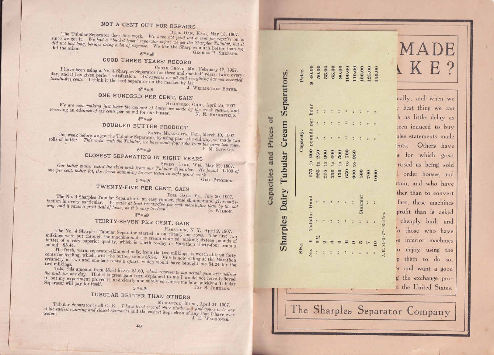 1910 Sharples Tubular Cream Separator Catalog Models Price List West Chester PA