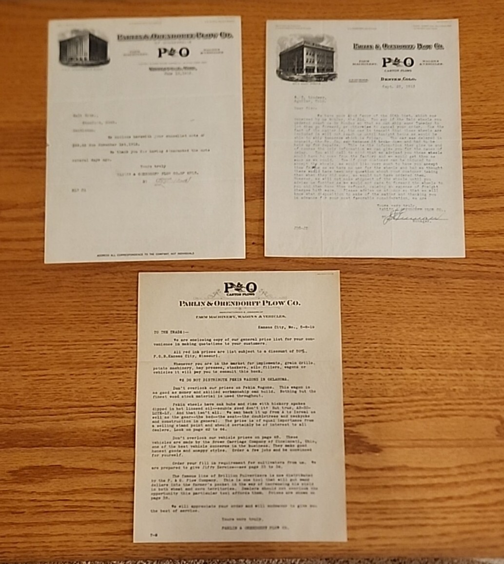 Parlin and Orendorff P&O Plow Co Letterhead 3x 1913 1915 1919