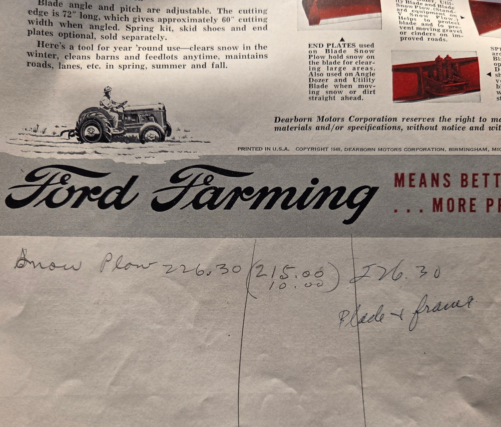 1949 FORD TRACTOR DEARBORN FARM EQUIPMENT SNOW REMOVAL SPEC SHEET ADVERTISEMENT