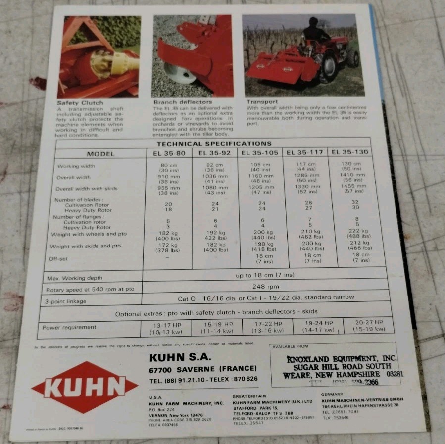 Original Kuhn EL35-80 EL35-92 EL35-105 EL35-117 EL35-130 Tiller Sales Brochure