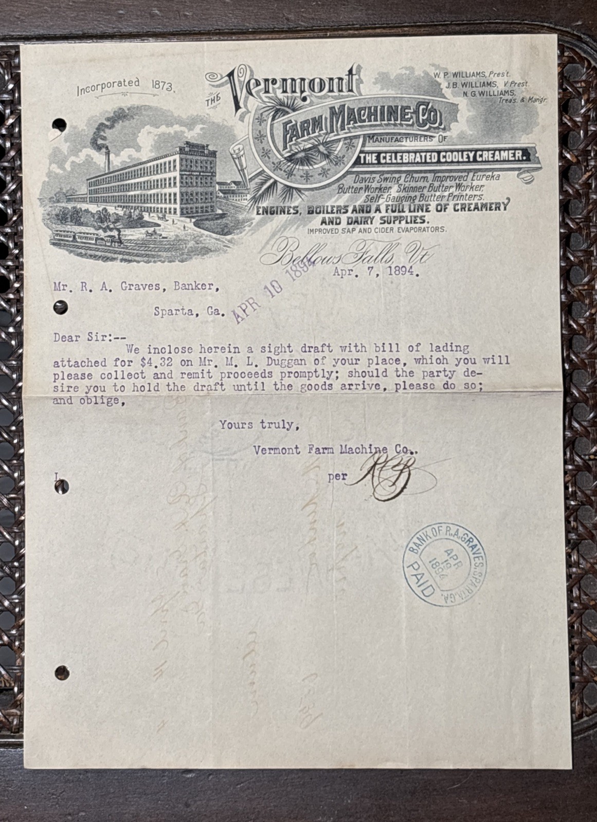1894 Vermont Farm Machine Co Letterhead Train Locomotive Cooley Creamer