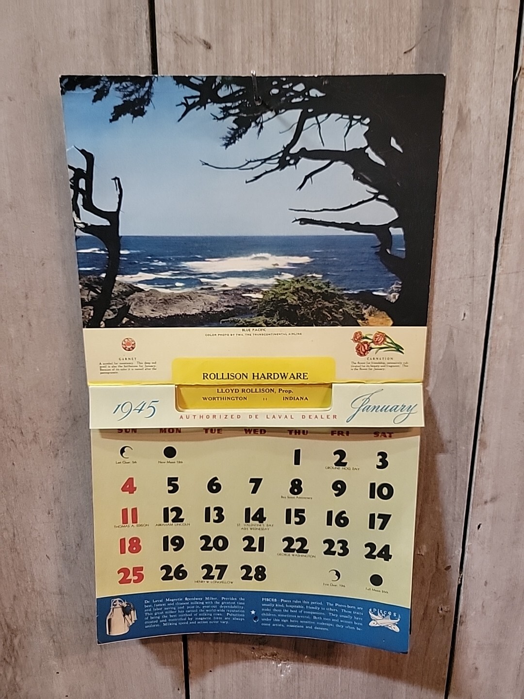 DE LAVAL CREAM SEPARATORS 1945 Calendar LLOYD ROLLISON, Prop Worthington, Ind.