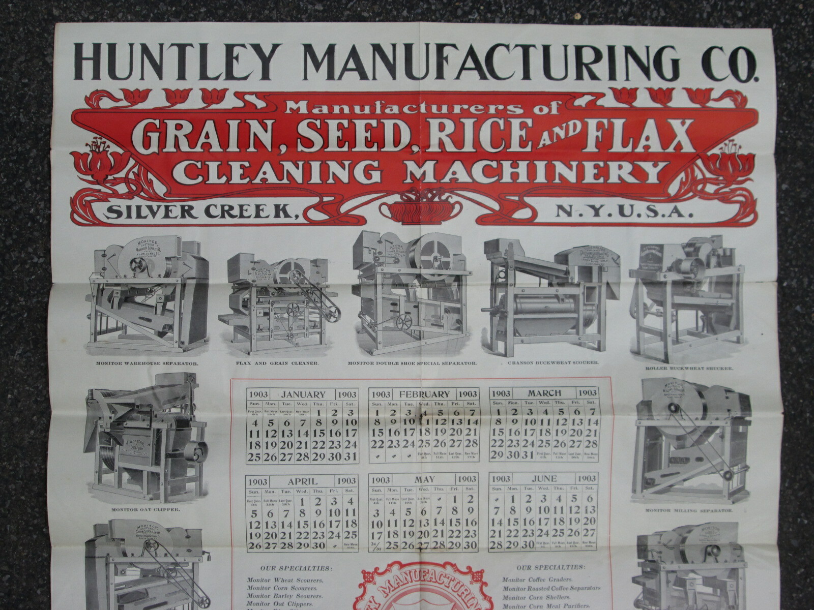 1903 Machinery Calendar Sign Poster, Silver Creek NY Huntley Grain Cleaning Mfg.